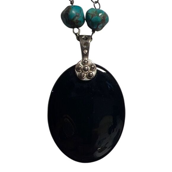 Authentic Lucas Lameth 925 Silver Natural Turquoise & Black Onyx Necklace - Picture 7 of 13